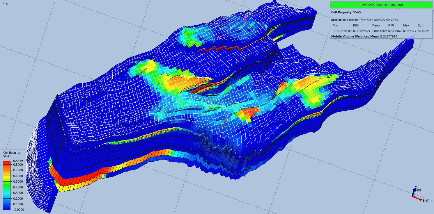Full-field 3D gas-saturation view of the CO2 plume at the end of the post-injection monitoring period, 2300