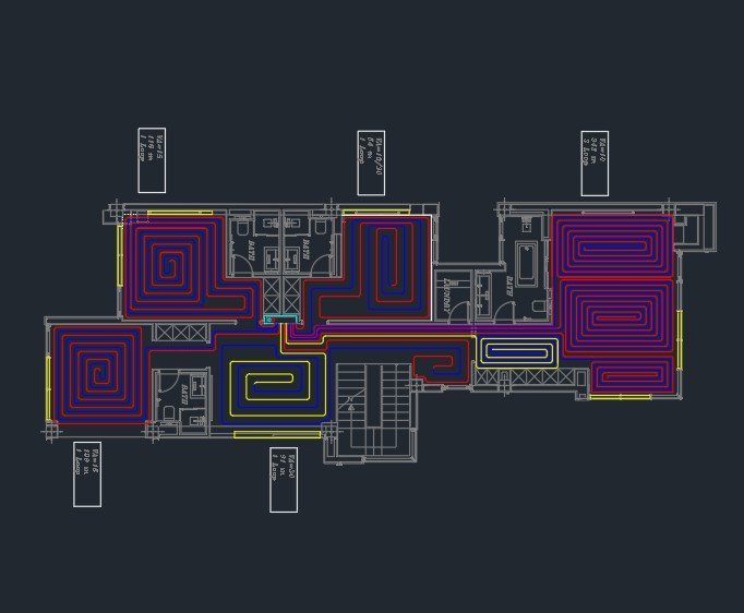 AutoCAD floor plan showing hydronic radiant floor-heating pipe loops in each room, with loop lengths and manifold circuit counts labeled
