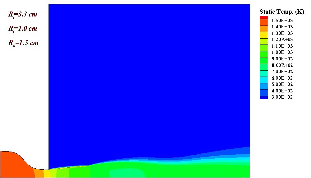 Static temperature contour of the nozzle flow field, showing expansion cooling through the diverging section