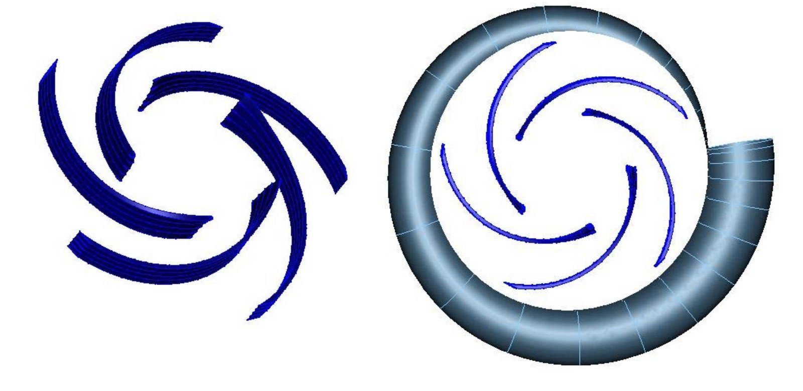 Final three-dimensional impeller blade geometry and impeller assembled inside the volute casing, generated by CF Turbo
