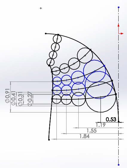 SolidWorks sketch of inscribed circles used to construct the Francis meridional streamlines, with diameter and length dimensions annotated