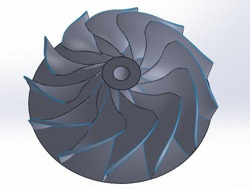 Twelve-blade Francis turbine runner &mdash; final SolidWorks model lofted from stacked meridional streamlines